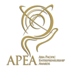 APEA Asia Pacific Entrepreneurship Awards gold logo with hand and circular design on white background